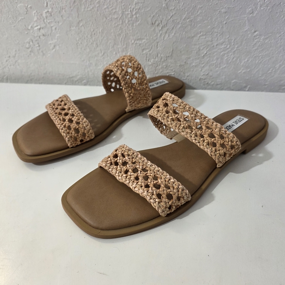 Steve Madden Dutchess Crochet Tan Slip On Slide Sandals Women's Size 10